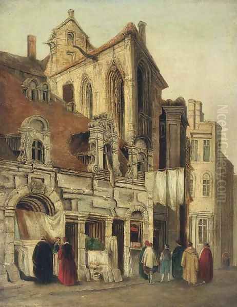 Figures conversing before a gothic church Oil Painting by Richard Parkes Bonington