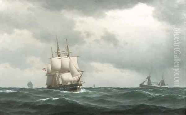 Tall ships and a steamer on open sea Oil Painting by Carl Emil Baagoe