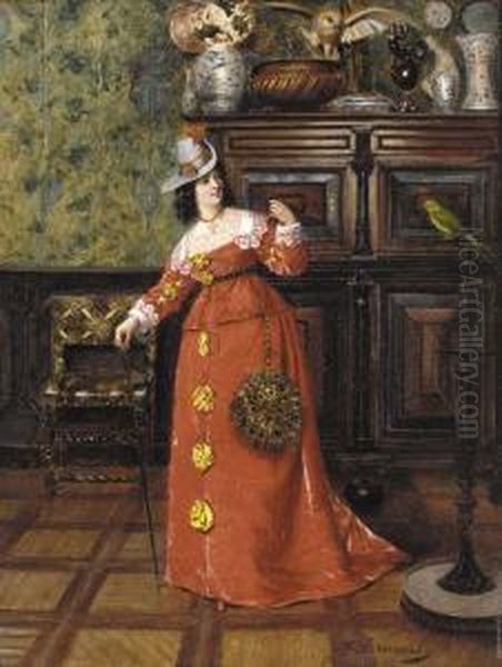 An Elegant Lady In A Salon Oil Painting by Francois Brunery