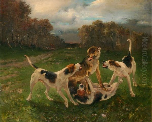 Lotta Di Cani Con Lupo Oil Painting by Pierre Auguste Brunet-Houard