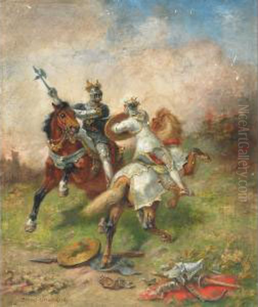 Knights In Battle On Horseback Oil Painting by Pierre Auguste Brunet-Houard