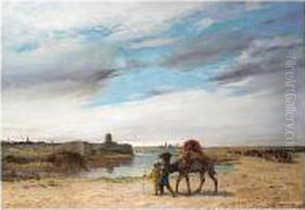 Travellers By The Nile, Signed, Oil On Canvas, 63.5 X 91 Cm.; 25 X 36 In Oil Painting by Pierre Auguste Brunet-Houard