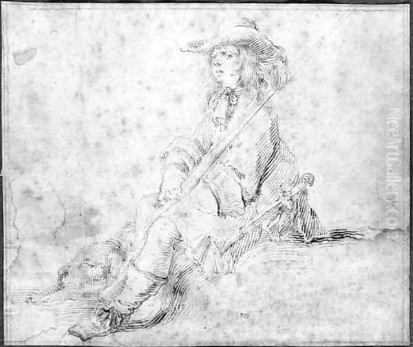 A seated huntsman with a dog sleeping at his feet Oil Painting by Stefano della Bella