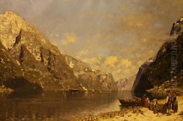 Fischer Am Bergsee Oil Painting by Ferdinand Brunner