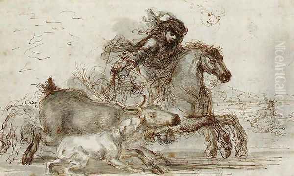 A huntsman and two hounds overtaking a stag Oil Painting by Stefano della Bella