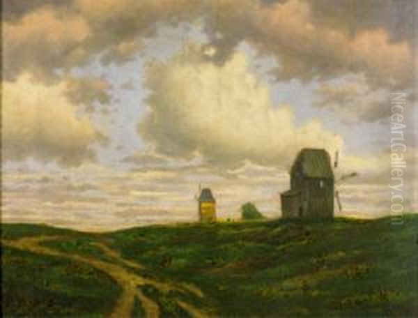 Landschaft Mit Windmuhlen Oil Painting by Ferdinand Brunner