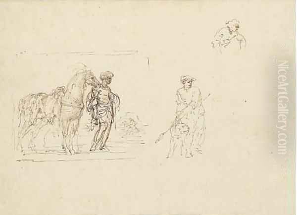 A moor holding a horse saddled with a leopard skin and studies of a figure holding a dog and another figure Oil Painting by Stefano della Bella