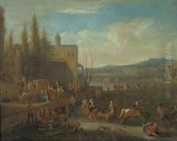 Elegant company skating and sledging on a frozen canal before an Italianate terrace Oil Painting by Alexander van Bredael