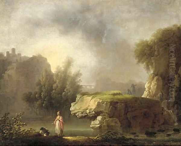 A rocky river landscape with classical figures in the foreground Oil Painting by Carlo Bonavia