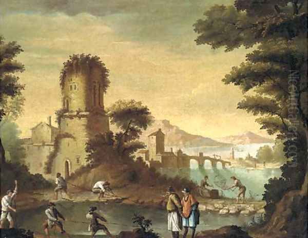 An Italianate landscape with fishermen before a town Oil Painting by Carlo Bonavia