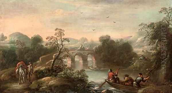 An Italianate wooded river landscape with fishermen in a boat and figures on a bridge beyond Oil Painting by Carlo Bonavia