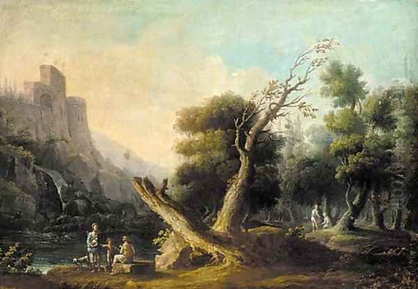 A river landscape with peasants conversing in the foreground, a hilltop castle beyond Oil Painting by Carlo Bonavia