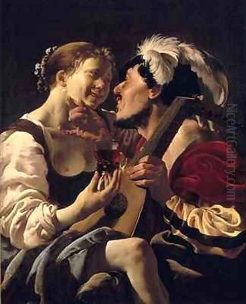 A luteplayer carousing with a young woman Oil Painting by Hendrick Ter Brugghen