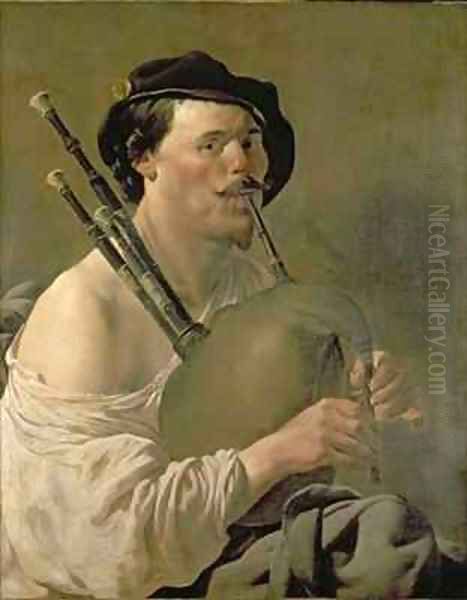 A Man Playing the Bagpipes Oil Painting by Hendrick Ter Brugghen