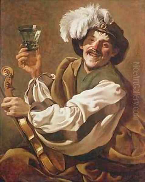 A Violin Player with a Glass of Wine Oil Painting by Hendrick Ter Brugghen