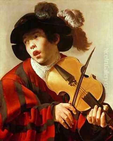 Boy Playing Stringed Instrument and Singing Oil Painting by Hendrick Ter Brugghen