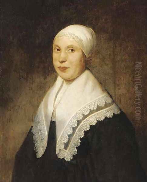 Portrait of a lady, half-length, in a white lace cap Oil Painting by Ferdinand Bol