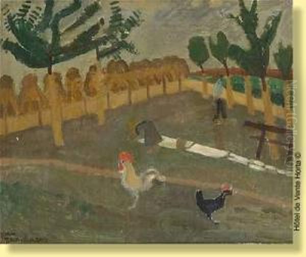 Coq Et Poule Dans Un Jardin Oil Painting by Jean Brusselmans