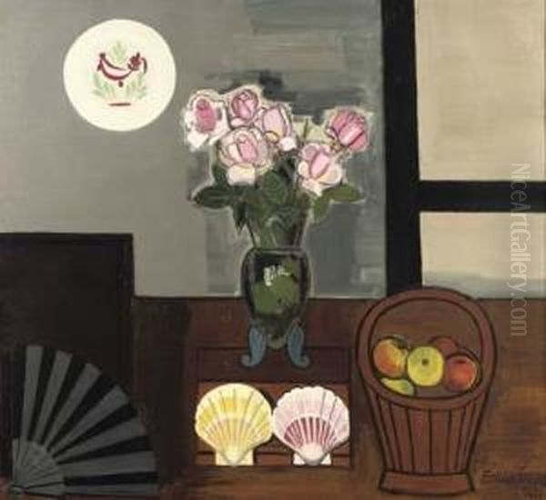 A Still Life With A Flowers, Shells And A Fan Oil Painting by Jean Brusselmans