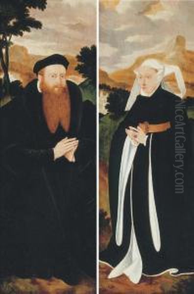 Portraits Of A Donor And His Wife In Landscapes - Two Wings Of Analtarpiece Oil Painting by Barthel Bruyn