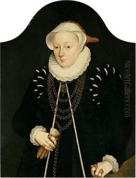 Portrait Of A Lady, Half-length,
 Wearing Black, With A Gold Chain And A White Embroidered Head-dress Oil Painting by Barthel Bruyn