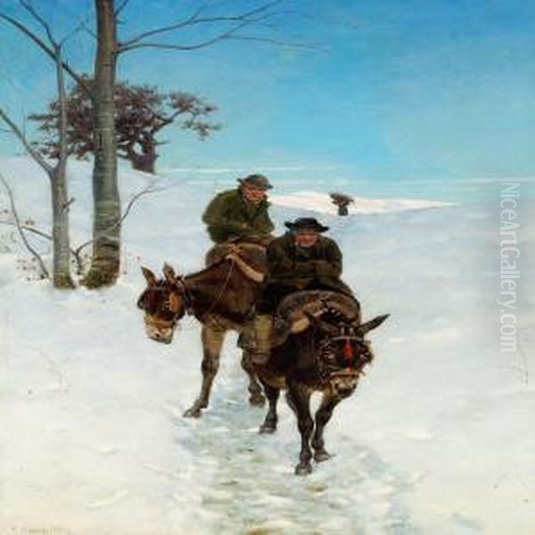 Two Men On Donkeys In The Snow Oil Painting by Stefano Bruzzi