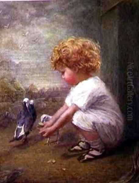 Little Girl feeding Pigeons Oil Painting by Catherine P. Brooker