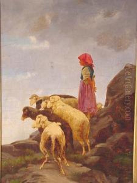 Bruzzi, Italian, -,'shepherdess & Sheep, Oil On Canvas L1xx9 Oil Painting by Stefano Bruzzi