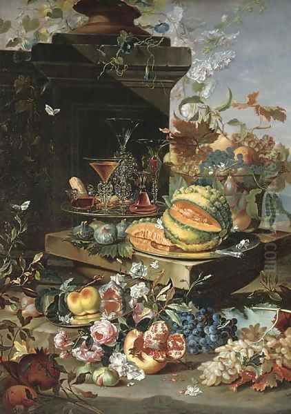 A sliced pumpkin on a silver plate, 'facon-de-venise' glasses on a second silver plate, grapes, peaches and plums in a glass bowl with more grapes Oil Painting by Christian Berentz