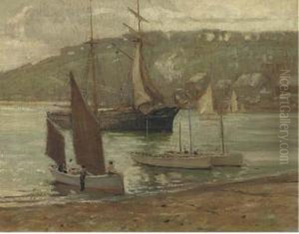 Vessels In A Cove, Cornwall Oil Painting by Charles David Jones Bryant