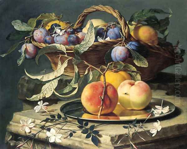 Peaches and plums in a wicker basket, peaches on a silver dish and narcissi on stone plinths Oil Painting by Christian Berentz