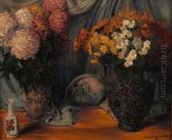 Still Life With Two Vases Of Flowers Oil Painting by Everett Lloyd Bryant