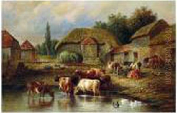 Farmyard Scene With Cattle Watering Oil Painting by Henry Bryant