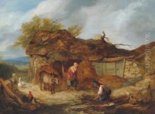 Farmyard Scene With Figures And Donkey Oil Painting by Henry Charles Bryant