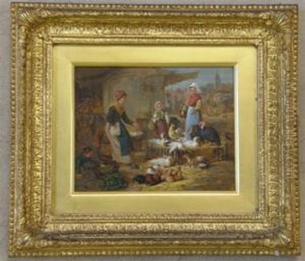 With Figures, Turkeys, Geese Oil Painting by Henry Charles Bryant