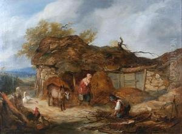 A Farmyard Scene Oil Painting by Henry Charles Bryant