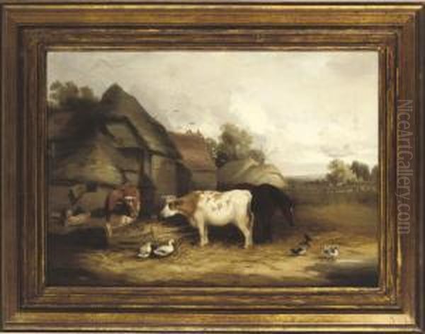 Animals At A Trough In A Farmyard Oil Painting by Henry Charles Bryant