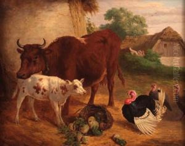 Farmyard Scene With Cow, Calf And Turkeys Oil Painting by Henry Charles Bryant