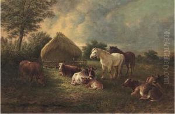 Cows And Horses Grazing In A Pasture Oil Painting by Henry Charles Bryant