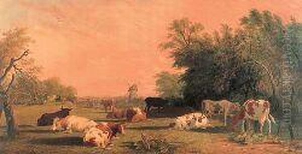 Cattle Grazing In A River Landscape At Sunset Oil Painting by Henry Charles Bryant