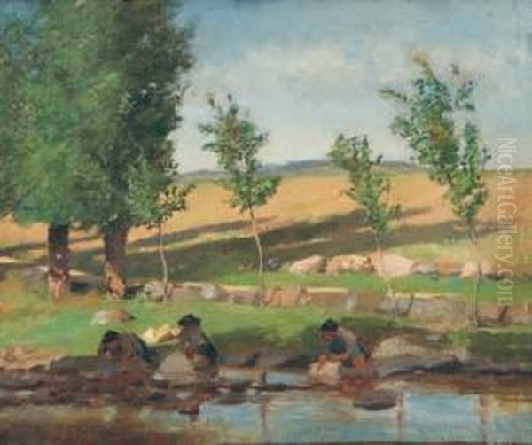 Washing Clothes At The Rivers Edge Oil Painting by William Brymner