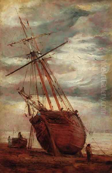 Figures by a beached boat Oil Painting by William Joseph Caesar Julius Bond