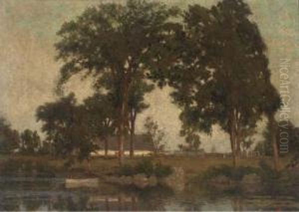 A Boat On A Lake, A Farmstead Beyond Oil Painting by William Brymner