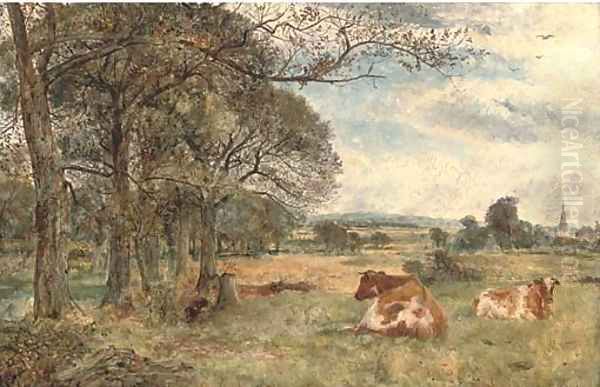 Cattle grazing, with Sefton Church beyond Oil Painting by William Joseph Caesar Julius Bond