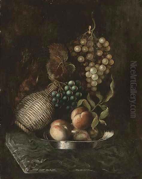 Grapes, a bottle, and peaches on a platter, on a marble ledge Oil Painting by William Jones Of Bath