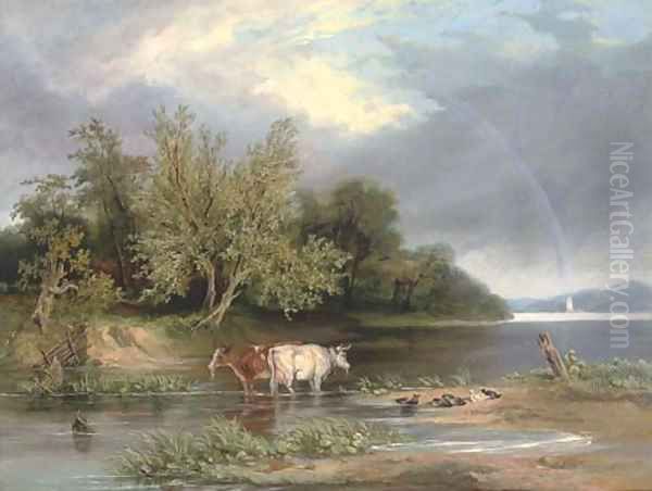 Cattle watering in a wooded landscape Oil Painting by Henry John Boddington