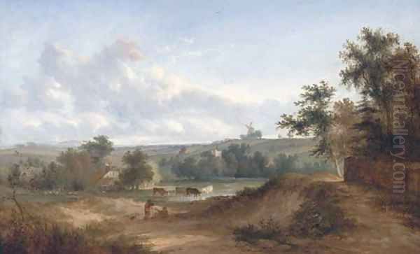 Drovers resting in an extensive landscape, a windmill beyond Oil Painting by Henry John Boddington