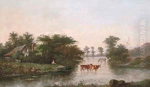 A herder watering cattle by a riverside cottage Oil Painting by Henry John Boddington