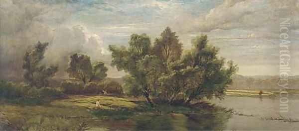 Anglers on a tranquil stretch of the river Oil Painting by Henry John Boddington