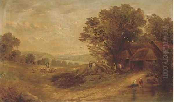 Timberjacks by a cottage, a shepherd and his flock beyond Oil Painting by Henry John Boddington